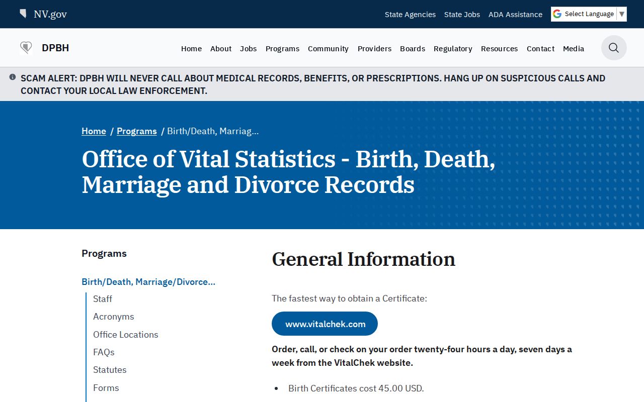 Nevada vital records application and fee information for Summerlin South events